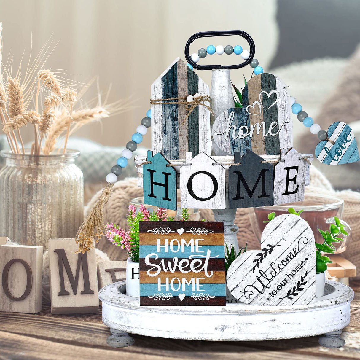 10 Pcs Farmhouse Tiered Tray Decor Farmhouse Home Decor Mini Signs Rustic Tiered Tray Signs Home Wood Sign Cutting Broad House Shaped Table Decor Buffalo Plaid Wooden Farm Sign (Retro Home Style) Yulejo