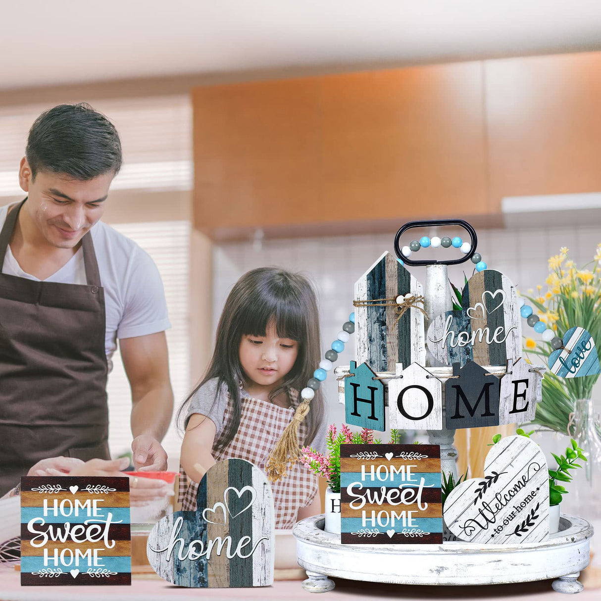 10 Pcs Farmhouse Tiered Tray Decor Farmhouse Home Decor Mini Signs Rustic Tiered Tray Signs Home Wood Sign Cutting Broad House Shaped Table Decor Buffalo Plaid Wooden Farm Sign (Retro Home Style) Yulejo