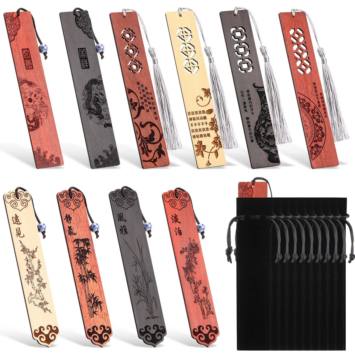 10 Pcs Wooden Bookmark Craft with 10 Pcs Velvet Bags Set Handmade Wooden Carving Book Mark with Porcelain Pendant for Women Men for Office Teacher Yexiya