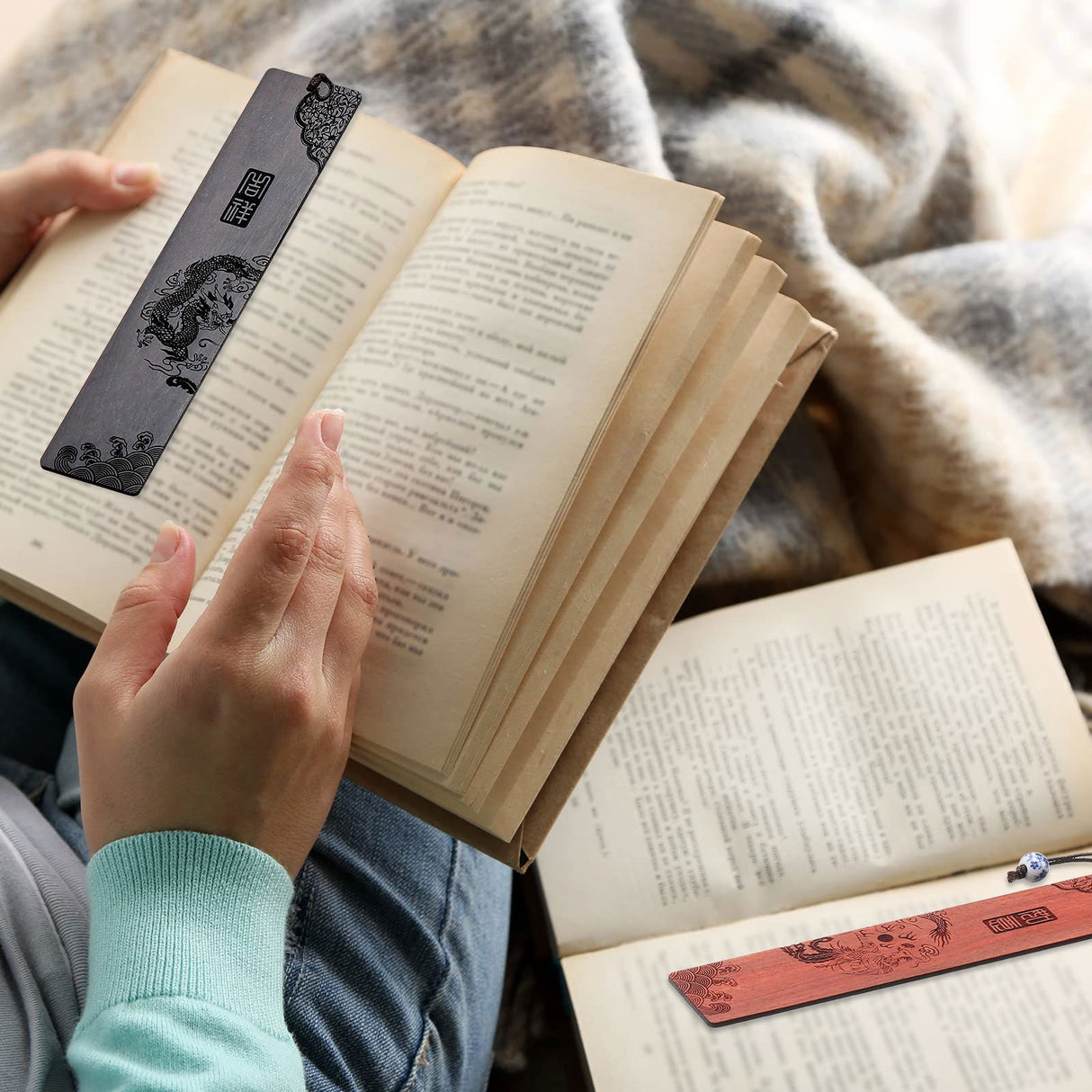 10 Pcs Wooden Bookmark Craft with 10 Pcs Velvet Bags Set Handmade Wooden Carving Book Mark with Porcelain Pendant for Women Men for Office Teacher Yexiya