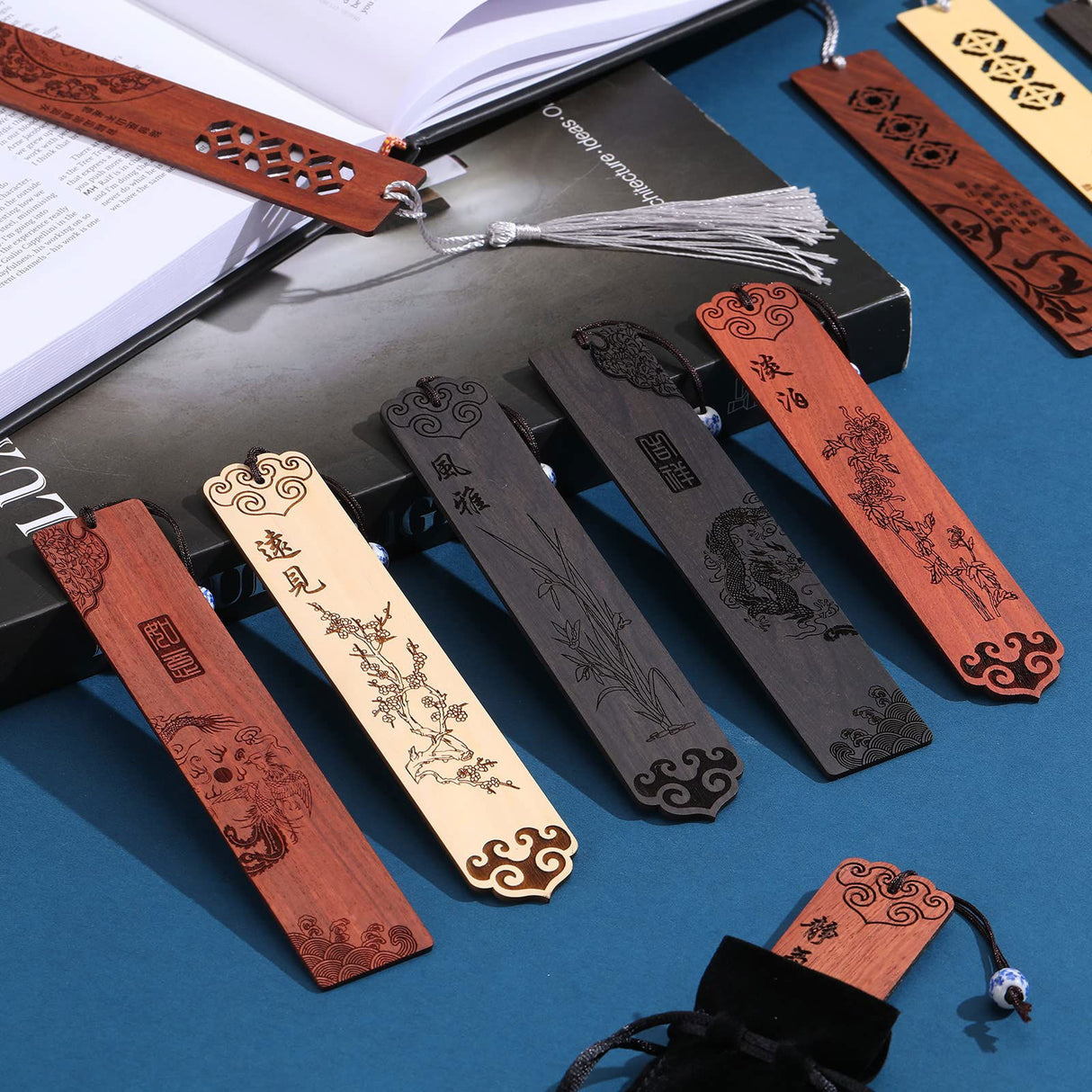 10 Pcs Wooden Bookmark Craft with 10 Pcs Velvet Bags Set Handmade Wooden Carving Book Mark with Porcelain Pendant for Women Men for Office Teacher Yexiya