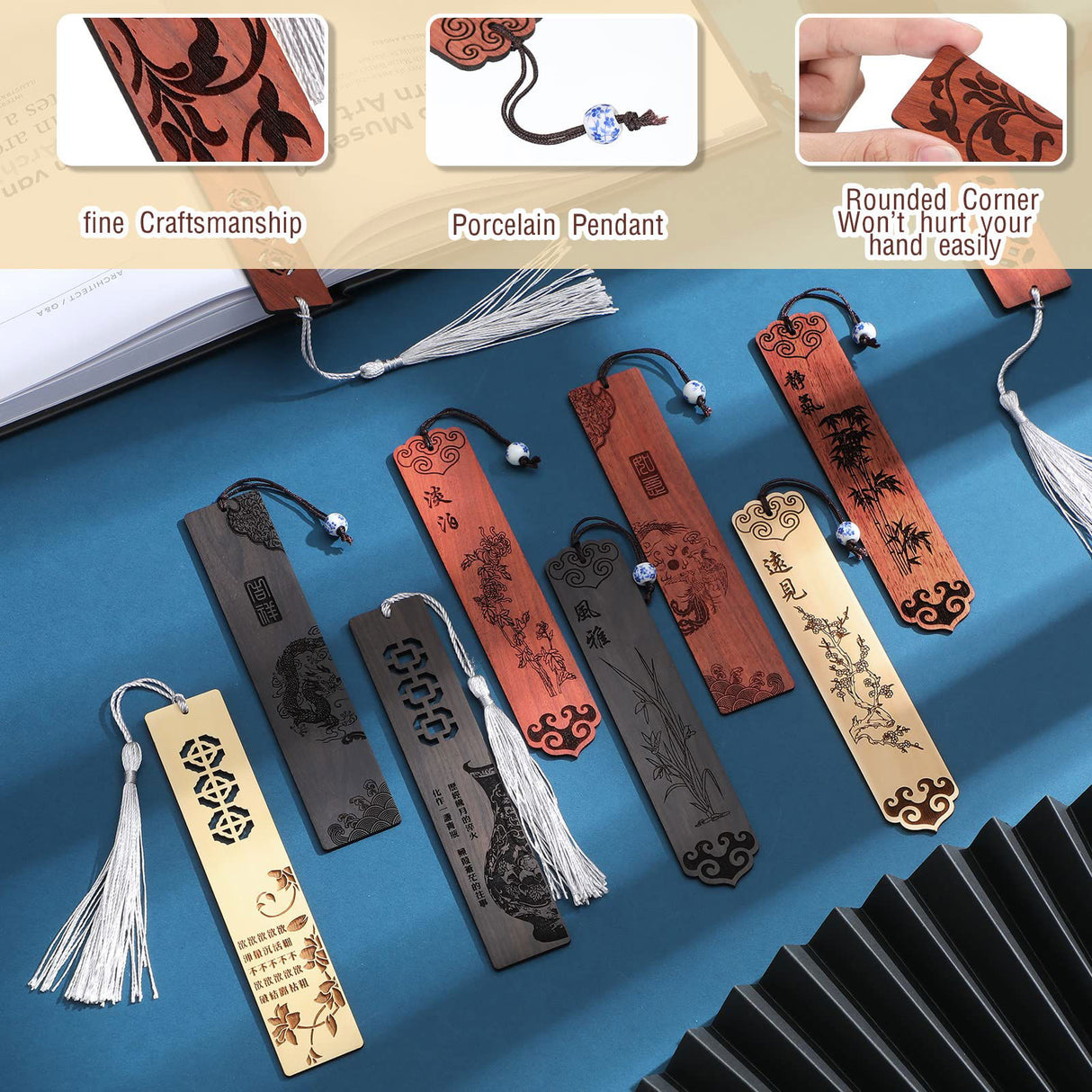 10 Pcs Wooden Bookmark Craft with 10 Pcs Velvet Bags Set Handmade Wooden Carving Book Mark with Porcelain Pendant for Women Men for Office Teacher Yexiya