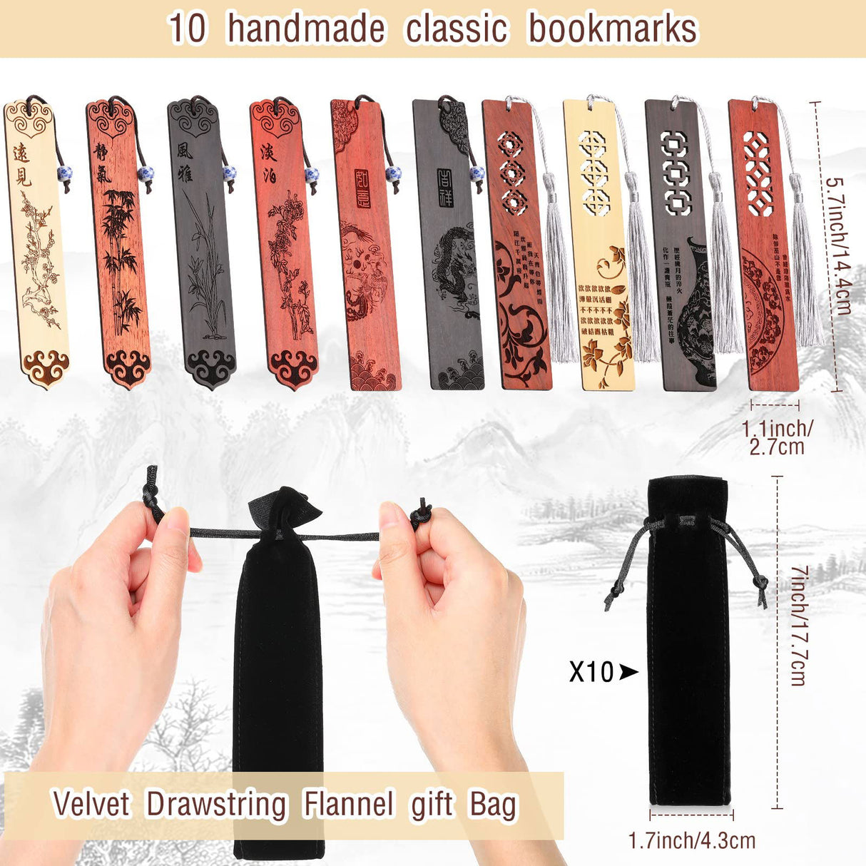 10 Pcs Wooden Bookmark Craft with 10 Pcs Velvet Bags Set Handmade Wooden Carving Book Mark with Porcelain Pendant for Women Men for Office Teacher Yexiya
