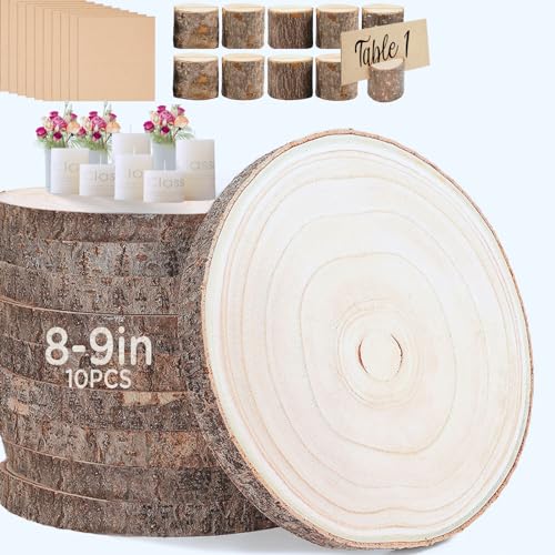 10 Pieces 8-9 Inch Wood Slices,Round Natural Wood Slices with Wood Table Number Holders and Cards,for Weddings,Table Centerpieces BBRGIRL