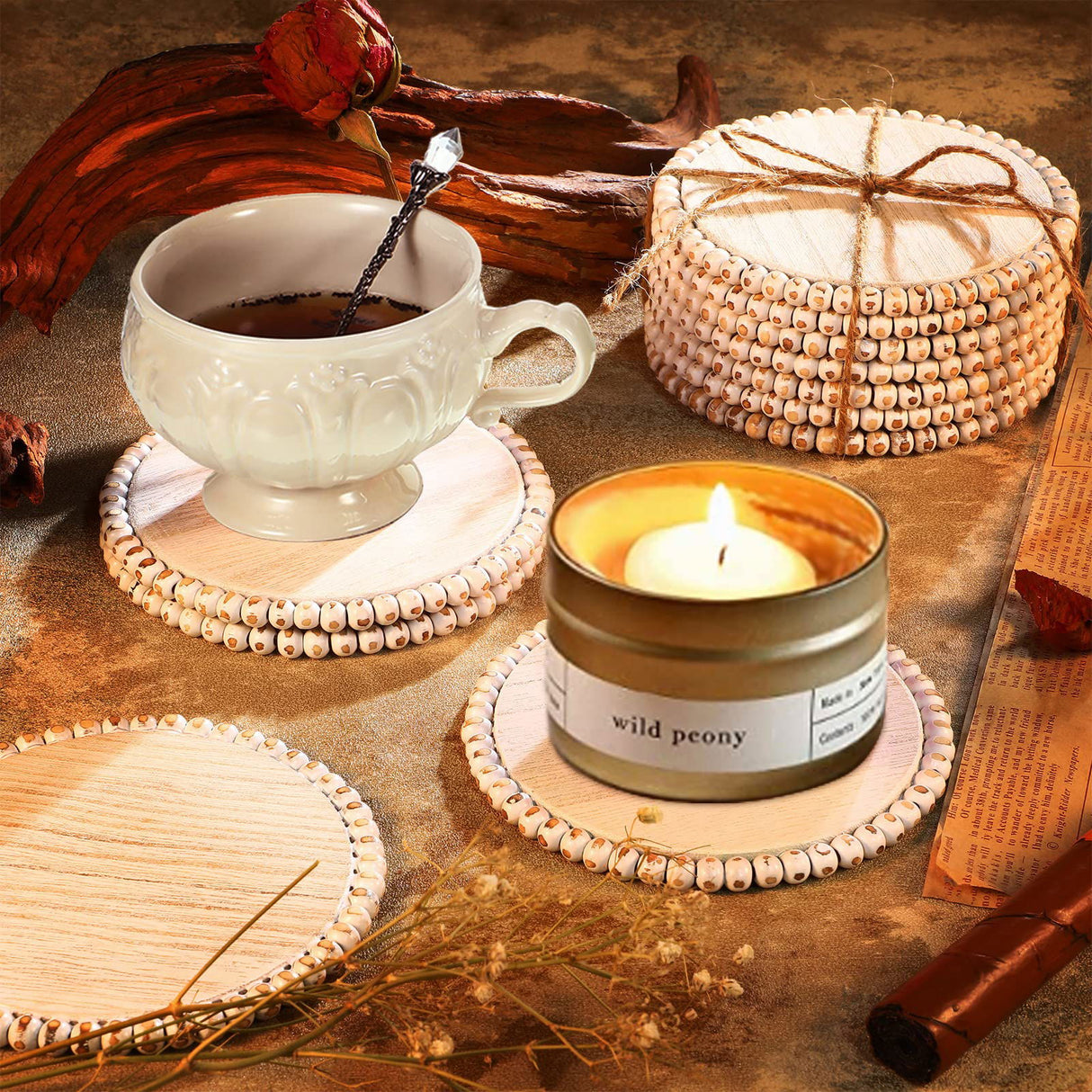 10 Pieces Beaded Wood Coasters Bulk Farmhouse Coasters for Drinks Coffee Table 4.7 Inch Round Farmhouse Beaded Rustic Coasters Decorative White Coasters Bar Coasters for Home Kitchen Decor Meanplan