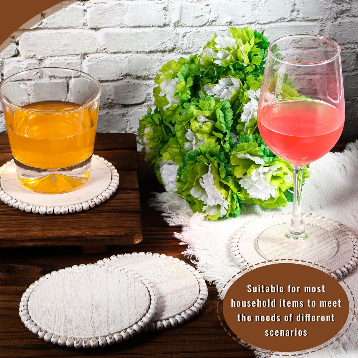 10 Pieces Beaded Wood Coasters Bulk Farmhouse Coasters for Drinks Coffee Table 4.7 Inch Round Farmhouse Beaded Rustic Coasters Decorative White Coasters Bar Coasters for Home Kitchen Decor Meanplan