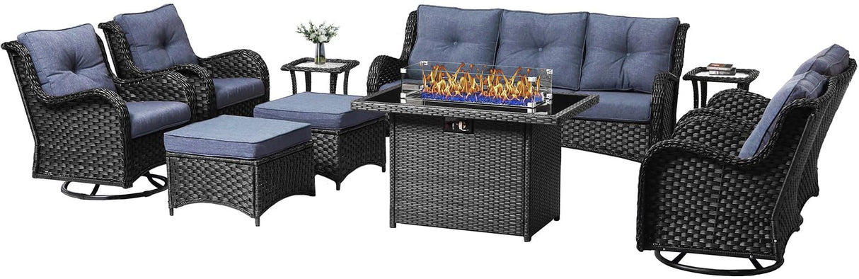 10 Pieces Outdoor Patio Furniture Set with Fire Pit Table, Wicker Rattan Swivel Glider Rocker Swivel Rocking Chairs Patio Sofa with Ottomans and Side Table Generic
