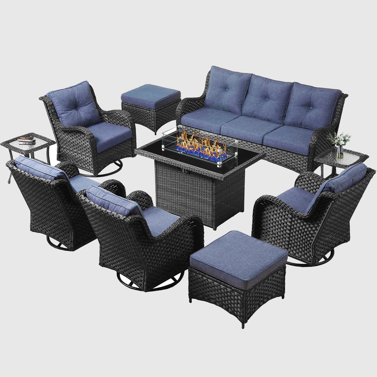 10 Pieces Outdoor Patio Furniture Set with Fire Pit Table, Wicker Rattan Swivel Glider Rocker Swivel Rocking Chairs Patio Sofa with Ottomans and Side Table Generic