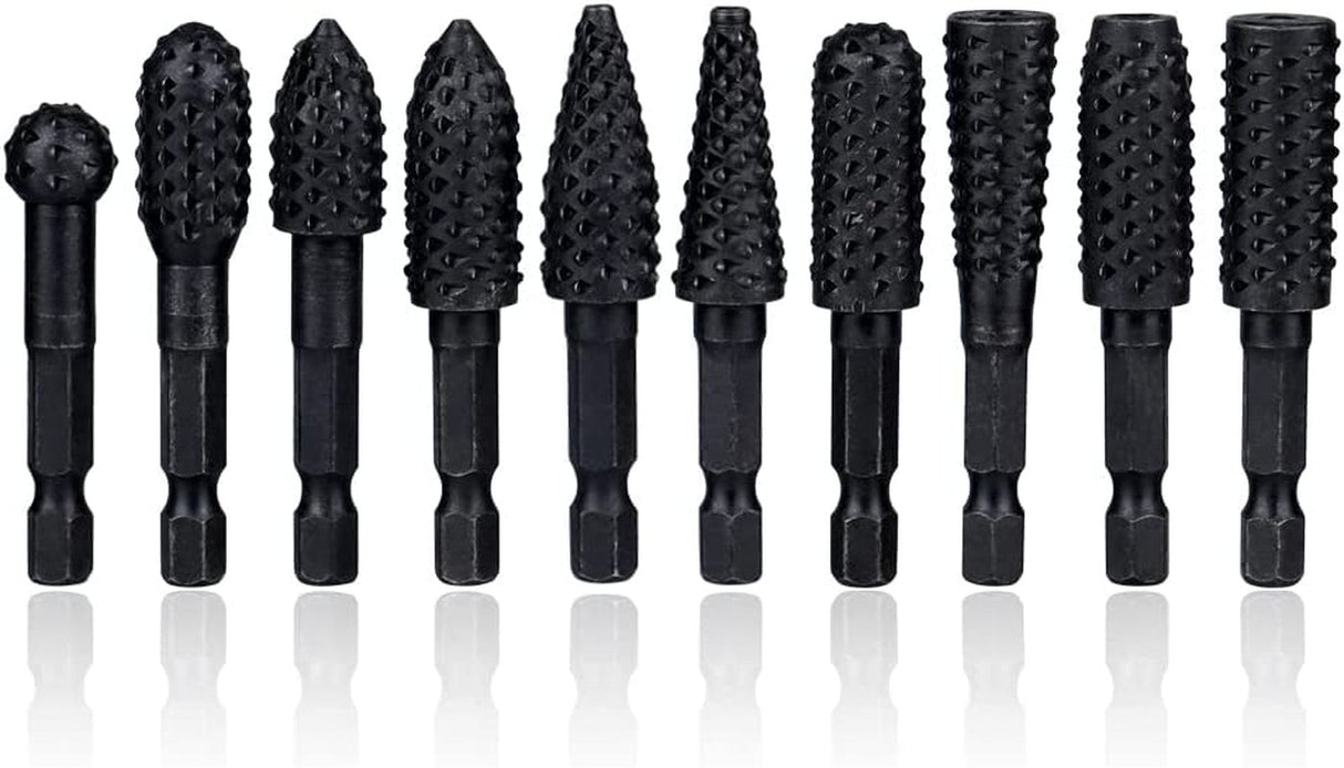 10 Pieces Rotary Burr Rasp Set, 1/4 Inch Hex Shank Quick Change Wood Carving Drill Bits Carbon Steel File Rasp DIY Woodworking Tool for Wood Plastic WoodArtSupply