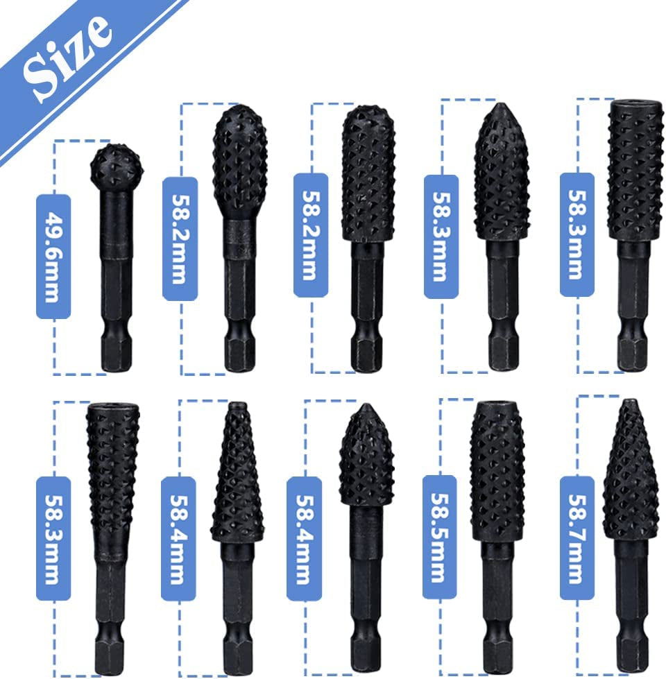 10 Pieces Rotary Burr Rasp Set, 1/4 Inch Hex Shank Quick Change Wood Carving Drill Bits Carbon Steel File Rasp DIY Woodworking Tool for Wood Plastic WoodArtSupply