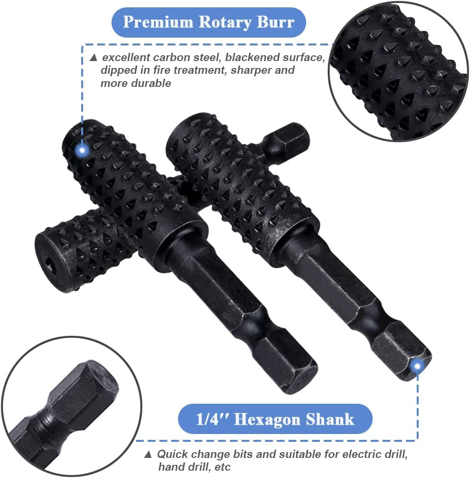 10 Pieces Rotary Burr Rasp Set, 1/4 Inch Hex Shank Quick Change Wood Carving Drill Bits Carbon Steel File Rasp DIY Woodworking Tool for Wood Plastic WoodArtSupply