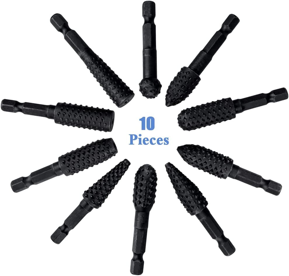 10 Pieces Rotary Burr Rasp Set, 1/4 Inch Hex Shank Quick Change Wood Carving Drill Bits Carbon Steel File Rasp DIY Woodworking Tool for Wood Plastic WoodArtSupply