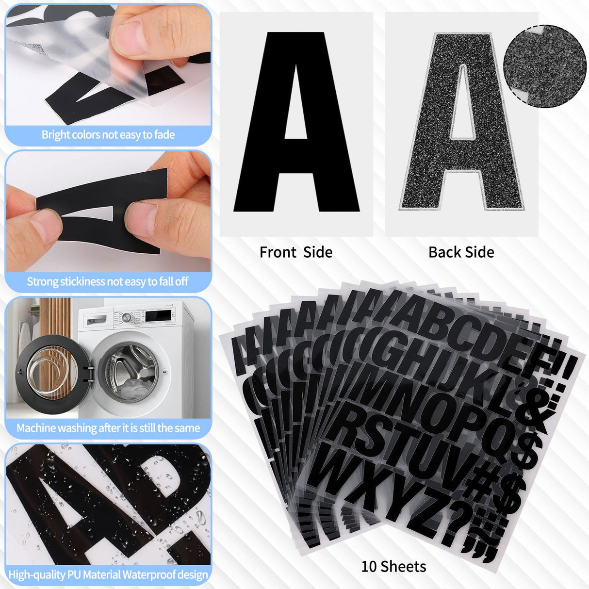 10 Sheets 440 Pieces Iron on Letters for Clothing, 2 Inch Heat Transfer Letters, Black Iron on Vinyl Letters with A-Z PU Alphabets Sticker for Lucomb