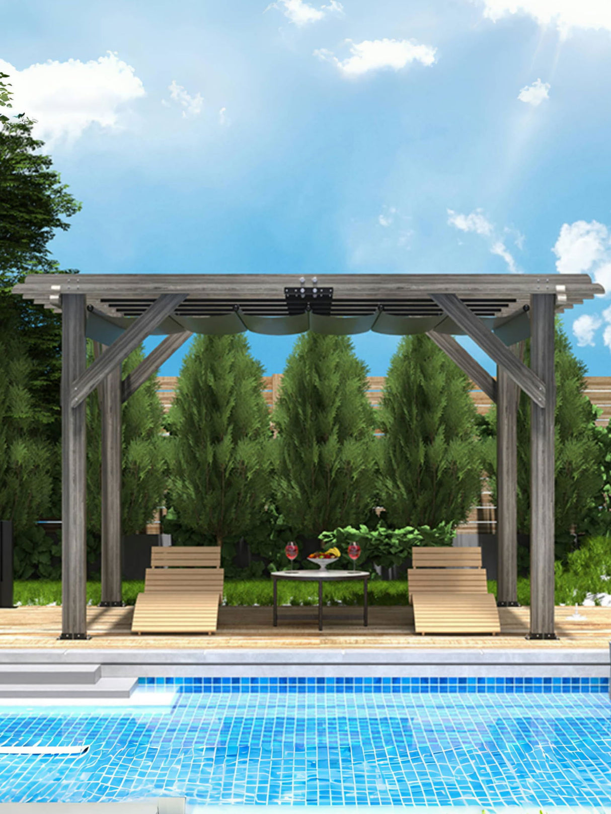 10'X 12' Cedar Wood Pergola with Solid Structure, Retractable Shade Canopy, Durable, Rot Resistant, Patio Pergola for Backyard, Deck, Garden, Outdoor Entertaining DEXSO