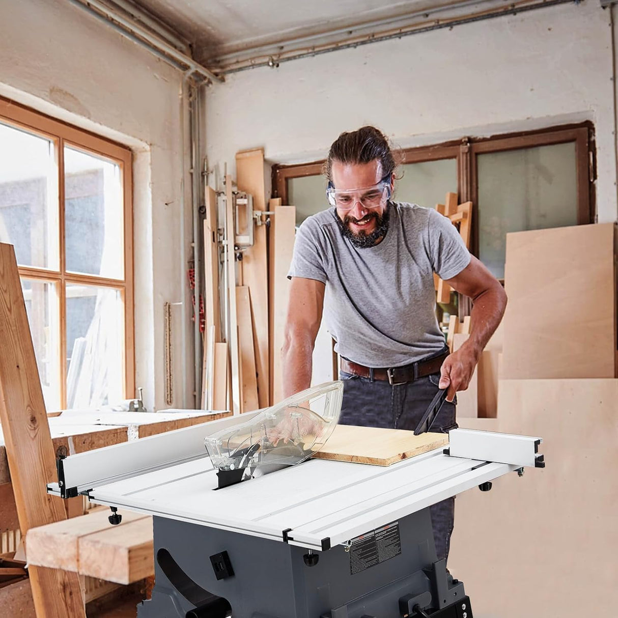 10 inch Table Saw with Safety Kit, 15 Amp 5000RPM Tablesaw with Protective Cover & Push, 36" X 25" Tabletop Saw 90° Cross Cut & 0-45° Bevel Cut, Adjustable Depth, for Woodworking, Plastic (Black) TROPOW