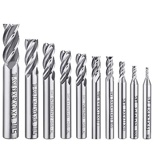 10 pcs 4-Flute End Mill Bits, AFUNTA 0.08" - 0.47" HSS CNC Straight Shank Drill Bits Cutter Tool Set for Wood Aluminum Steel Titanium AFUNTA