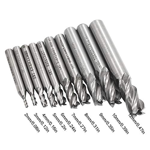10 pcs 4-Flute End Mill Bits, AFUNTA 0.08" - 0.47" HSS CNC Straight Shank Drill Bits Cutter Tool Set for Wood Aluminum Steel Titanium AFUNTA