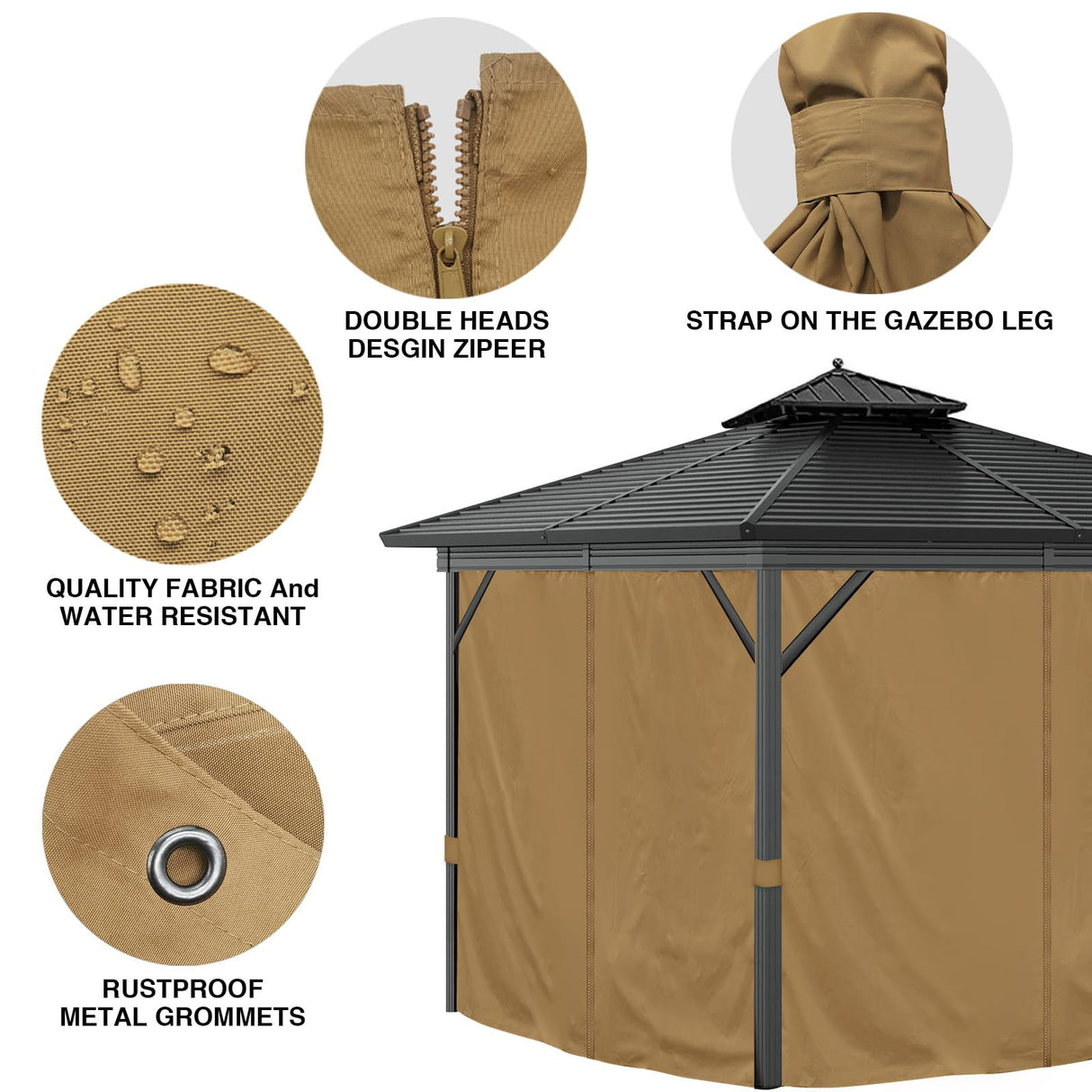 10'x12' Privacy Gazebo Curtains Outdoor Waterproof, 4-Panels Sidewall Curtains Universal Replacement with Zipper for Patio, Backyard, Garden (Only Curtains, Khaki) Mogtuo