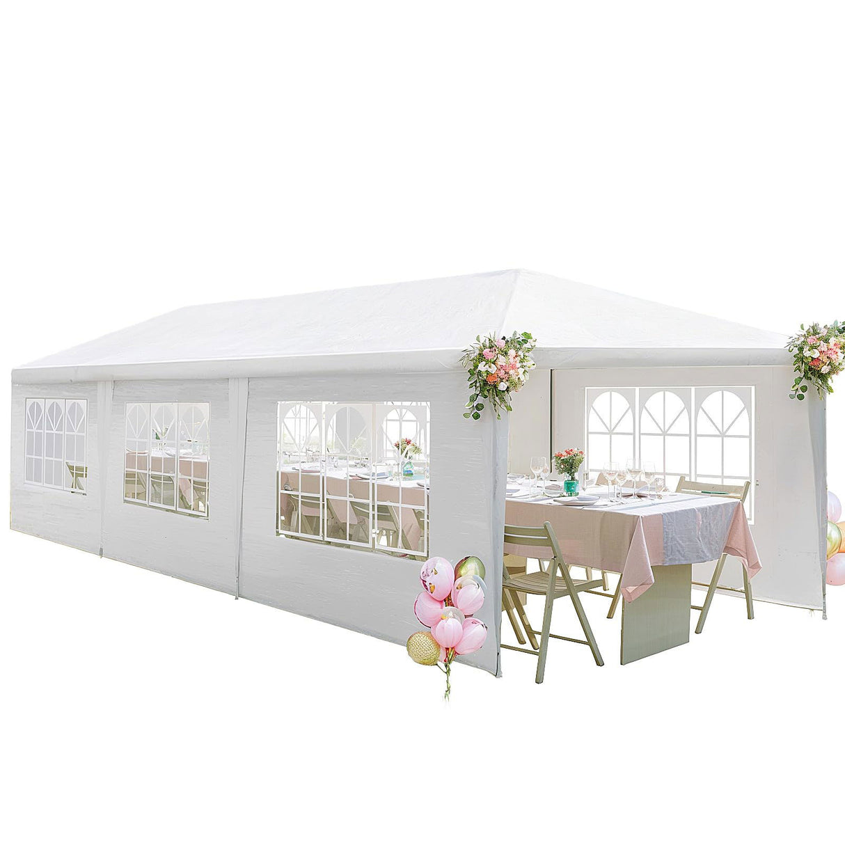 10'x30' Outdoor Tents for Parties, Canopy Tent with 8 Removable Sidewalls, Heavy Duty Tent with 2 Zippered Windows for Wedding, Backyard Party, White Hayiodda