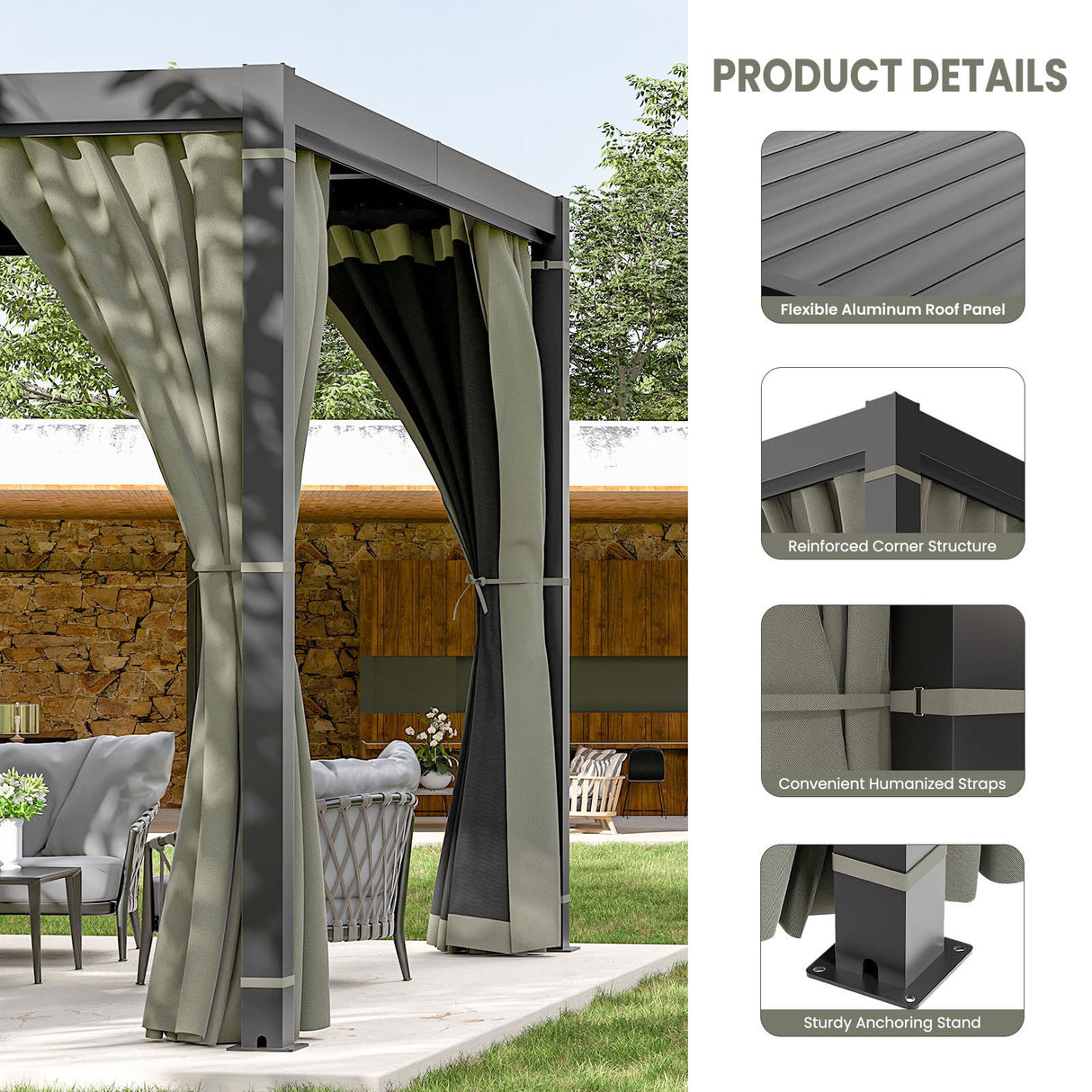10 x 10 FT Outdoor Louvered Pergola, Pergola with Adjustable Aluminum Rainproof Roof, Gazebo Sun Shade Shelter for Patio Deck Garden Yard, Curtains and Netting Included, Gray VONZOY