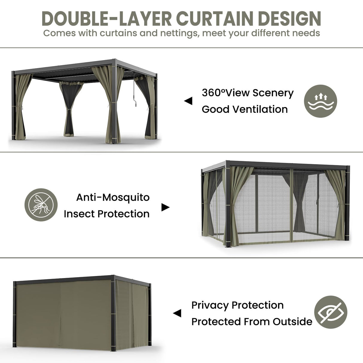 10 x 10 FT Outdoor Louvered Pergola, Pergola with Adjustable Aluminum Rainproof Roof, Gazebo Sun Shade Shelter for Patio Deck Garden Yard, Curtains and Netting Included, Gray VONZOY