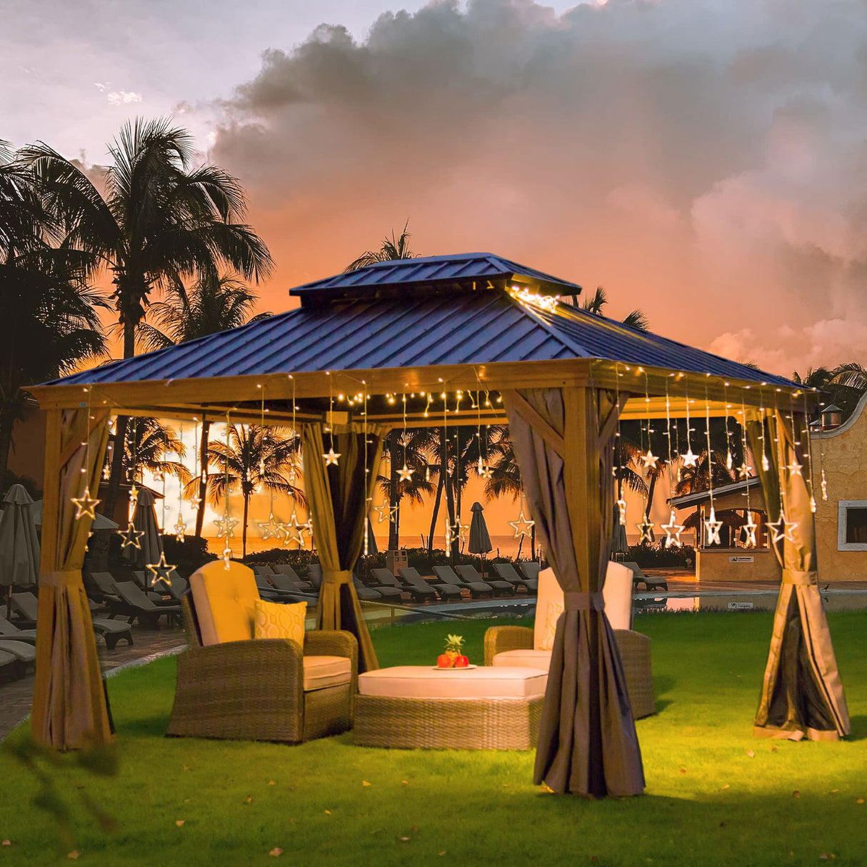 10' x 12' Hardtop Gazebo Outdoor Aluminum Wood Grain Gazebos with Galvanized Steel Double Canopy for Patios Deck Backyard,Curtains&Netting by domi domi outdoor living