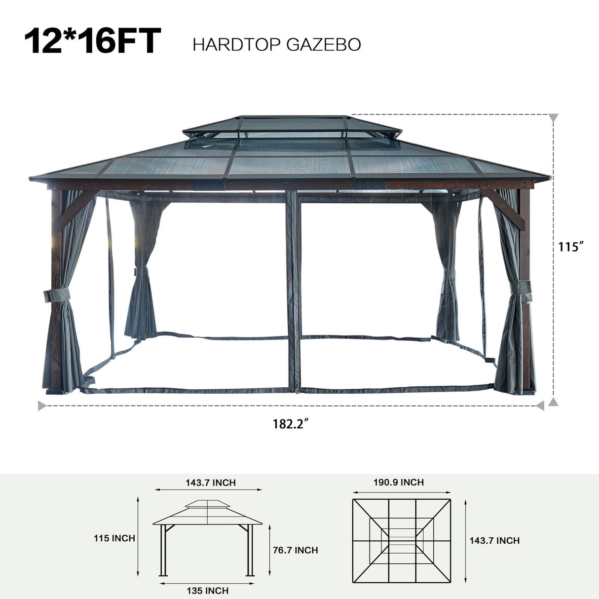 10' x 13' Hardtop Cedar Wood Gazebo for Patios, Outdoor Cedar Framed Gazebo with Double Metal Roof, Solid Wooden Framed Gazebo with Privacy Curtains and Mosquito Nettings for Garden, Backyard YESGIGA