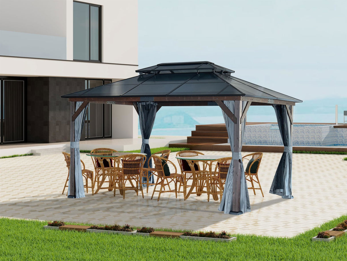 10' x 13' Hardtop Cedar Wood Gazebo for Patios, Outdoor Cedar Framed Gazebo with Double Metal Roof, Solid Wooden Framed Gazebo with Privacy Curtains and Mosquito Nettings for Garden, Backyard GOWE