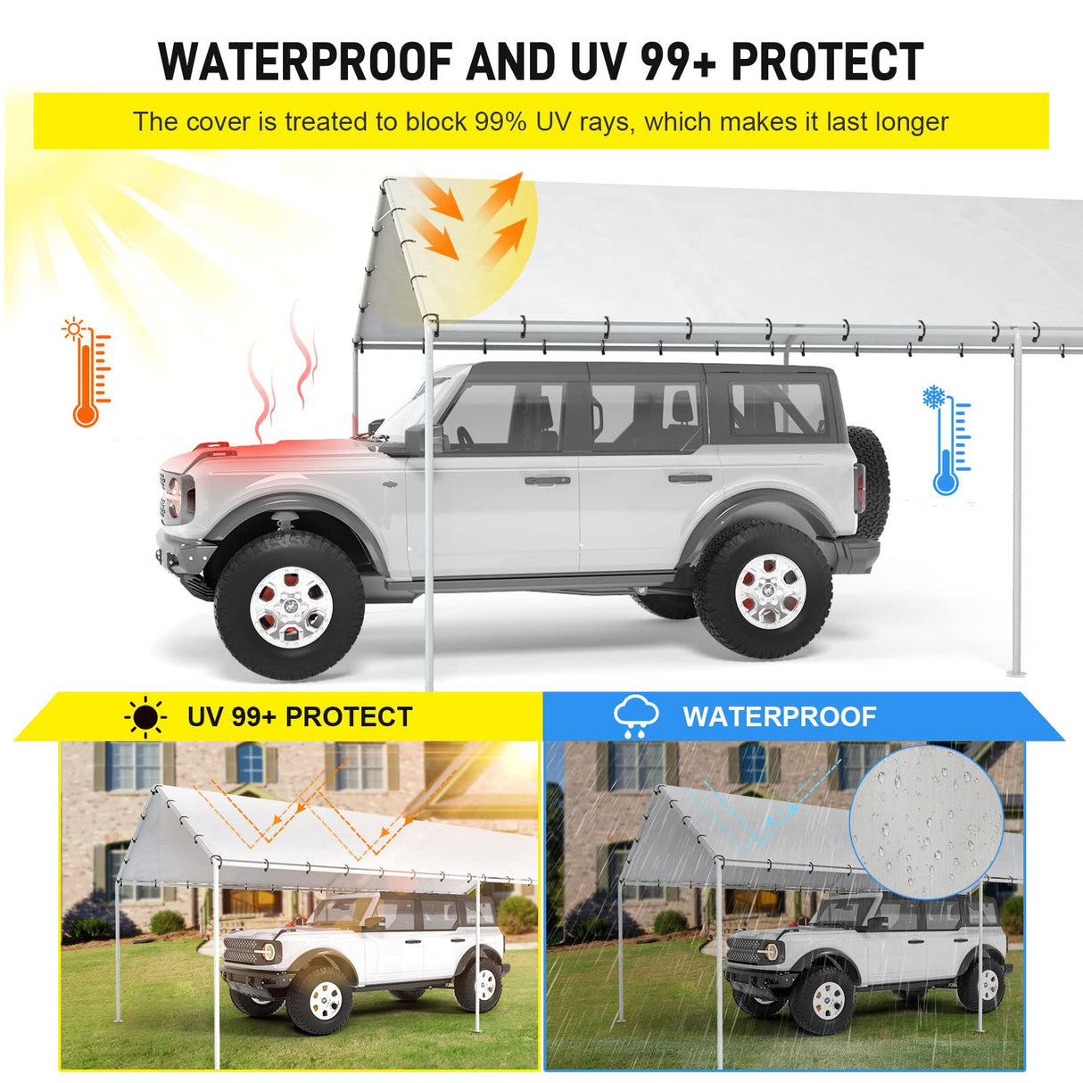 10 x 20 Ft Carport Replacement Canopy Cover Garage Top Tent Shelter Tarp with Free 48 Ball Bungee Cords,White(Only Cover, Frame Not Include) DWALE