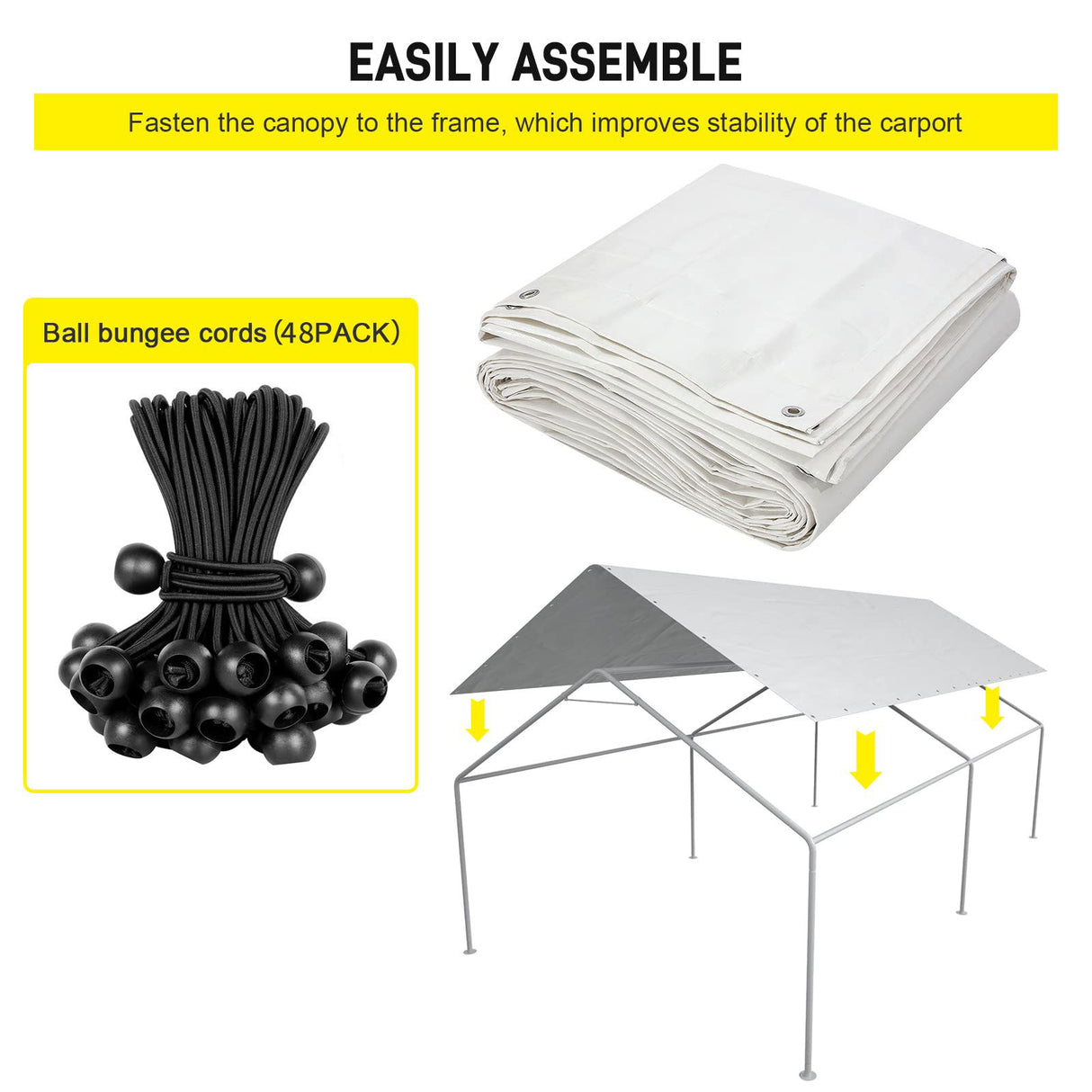 10 x 20 Ft Carport Replacement Canopy Cover Garage Top Tent Shelter Tarp with Free 48 Ball Bungee Cords,White(Only Cover, Frame Not Include) DWALE