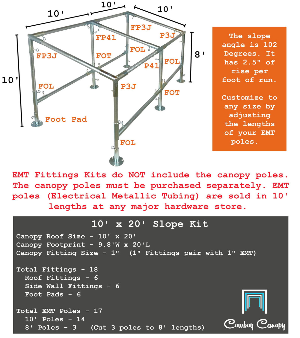 10' x 20' Slope, Lean-to Canopy Fittings Kits, DIY Metal Carport Frame Parts, 1" EMT Cowboy Canopy