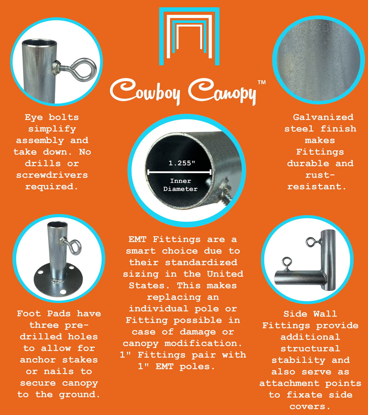 10' x 20' Slope, Lean-to Canopy Fittings Kits, DIY Metal Carport Frame Parts, 1" EMT Cowboy Canopy