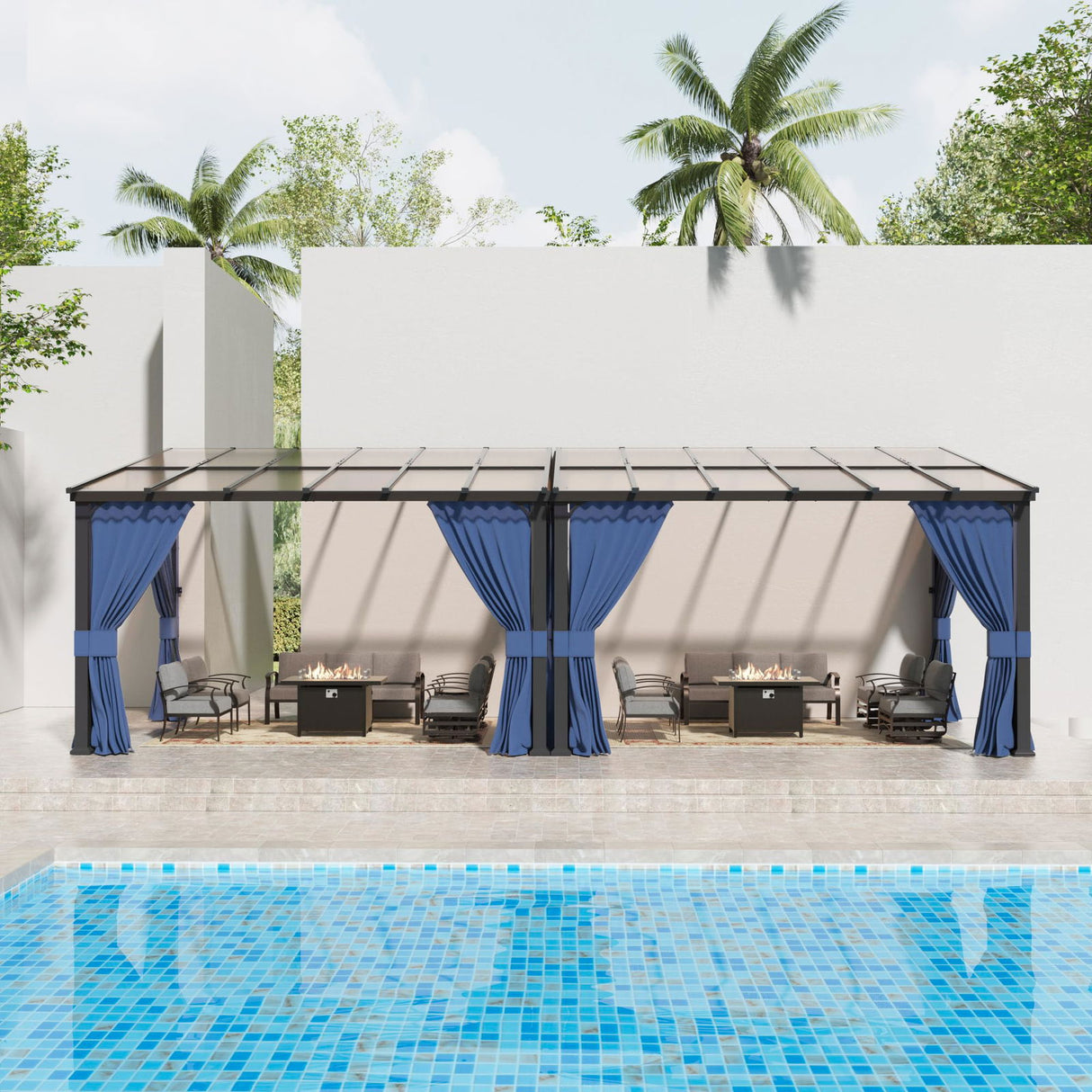 10' x 24' Hardtop Gazebo for Patio,Gazebo Pergola with Sloping Polycarbonate Pitched Roof,Durable Aluminum Frame & Netting Curtain,Large Wall-Mounted Heavy Duty Awnings for Patio,Decks,Backyard,Blue Kullavik