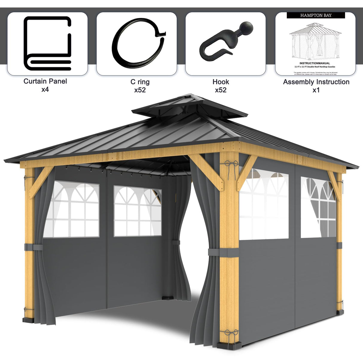 10ft x 12ft Gazebo Curtains,Privacy Replacement Sidewall with Church Window,4-Panel Universal Shade Curtains Set,Protecting Side Walls (Only Curtain)-Grey Zupoquk