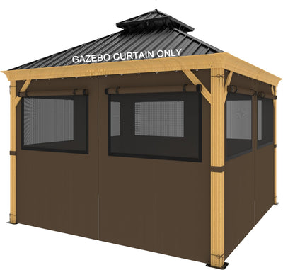 10ft x 12ft Gazebo Curtains,Privacy Replacement Sidewall with Roll-up Mosquito Net Windows, 4-Panel Universal Shade Curtains Set,Protecting Side Walls (Only Curtain)-Brown