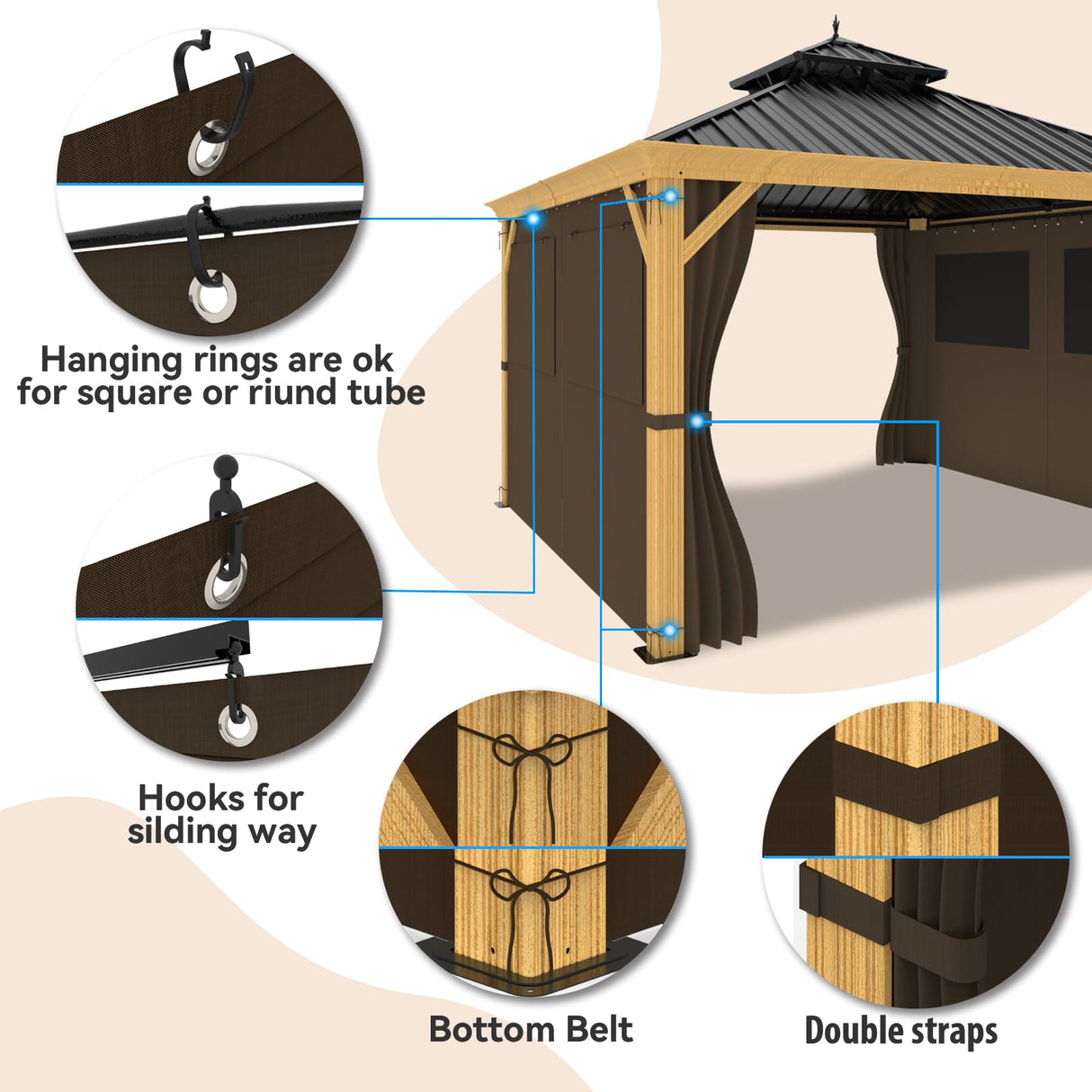 10ft x 12ft Gazebo Curtains,Privacy Replacement Sidewall with Roll-up Mosquito Net Windows, 4-Panel Universal Shade Curtains Set,Protecting Side Walls (Only Curtain)-Brown Zupoquk