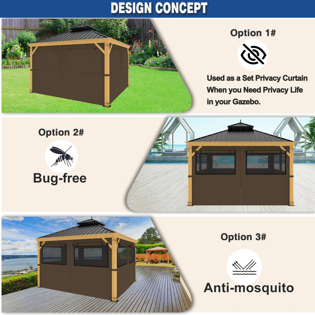 10ft x 12ft Gazebo Curtains,Privacy Replacement Sidewall with Roll-up Mosquito Net Windows, 4-Panel Universal Shade Curtains Set,Protecting Side Walls (Only Curtain)-Brown Zupoquk
