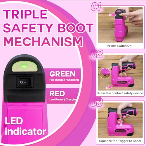 10pcs Electric Staple Gun, 2 in 1 Pink Cordless Stapler Nail Gun Set with 2500pcs Staples Nails, 4V Power Tacker for Upholstery, Wood, Carpentry, ThinkLearn