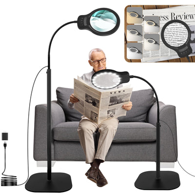 10X 30X Magnifying Glass with Light and Stand, Large Floor Magnifier for Close Work, 5 Color Modes, Hands Free Magnifying Lamp for Reading, Jewelers, Crafts, Sewing