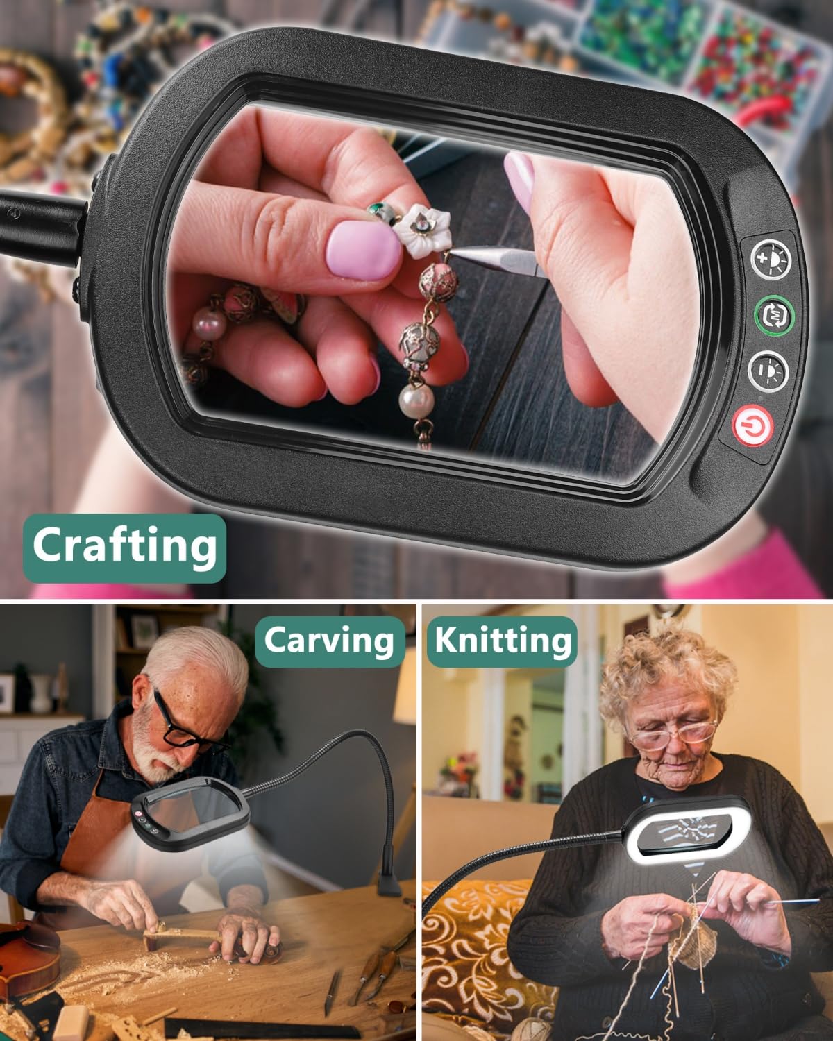 10X Rectangle Magnifying Glass with Light and Stand, 24" Flexible Gooseneck 3-in-1 Floor Lamp, 5 Color Modes Stepless Dimmable, LED Lighted Hands Free Magnifier for Reading Crafts Painting Close Work IVMAIE