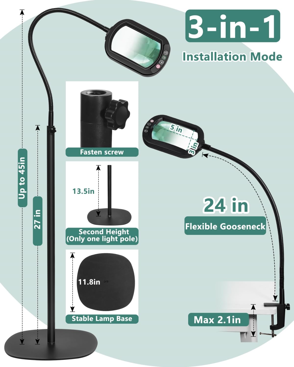 10X Rectangle Magnifying Glass with Light and Stand, 24" Flexible Gooseneck 3-in-1 Floor Lamp, 5 Color Modes Stepless Dimmable, LED Lighted Hands Free Magnifier for Reading Crafts Painting Close Work IVMAIE