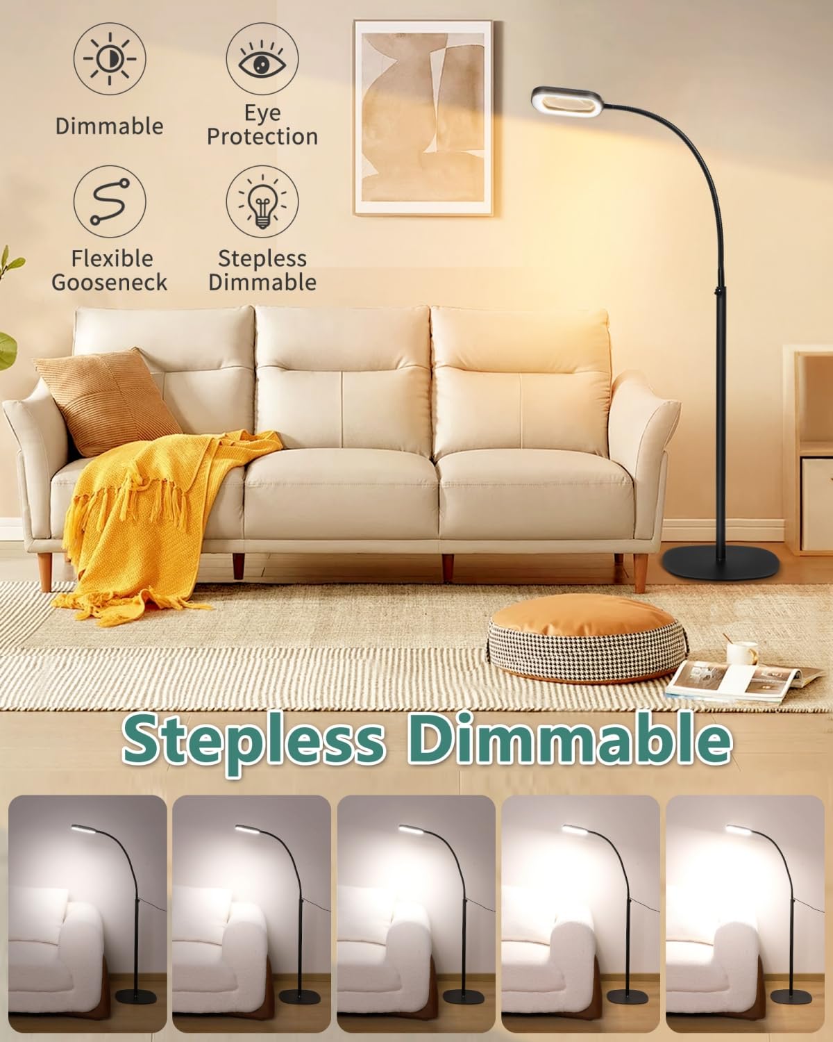 10X Rectangle Magnifying Glass with Light and Stand, 24" Flexible Gooseneck 3-in-1 Floor Lamp, 5 Color Modes Stepless Dimmable, LED Lighted Hands Free Magnifier for Reading Crafts Painting Close Work IVMAIE