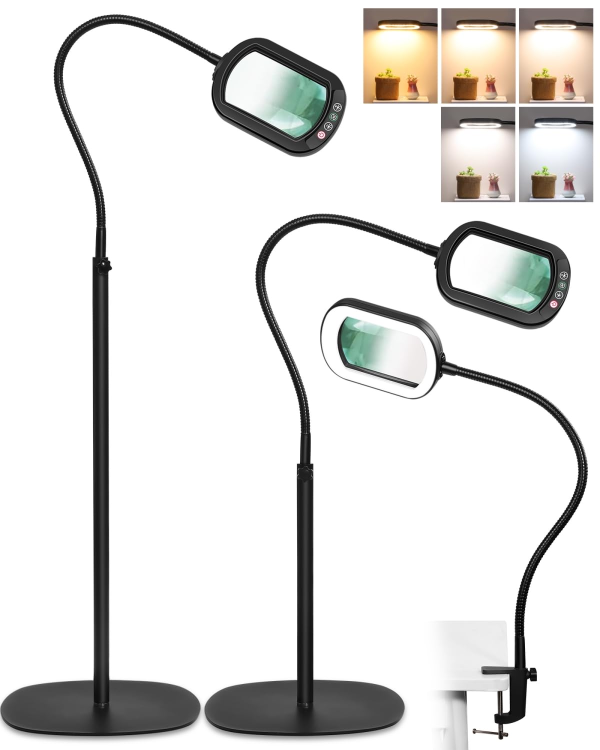 10X Rectangle Magnifying Glass with Light and Stand, 24" Flexible Gooseneck 3-in-1 Floor Lamp, 5 Color Modes Stepless Dimmable, LED Lighted Hands Free Magnifier for Reading Crafts Painting Close Work IVMAIE