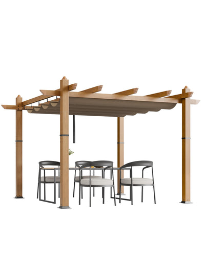 10x10 Ft Outdoor Retractable Pergola Aluminium Pergola Canopy with Adjustable Roof, Upgraded Faux Wood Grain Modern Metal Patio Gazebo for Deck, Backyard Garden, Porch, Grape Trellis, Khaki