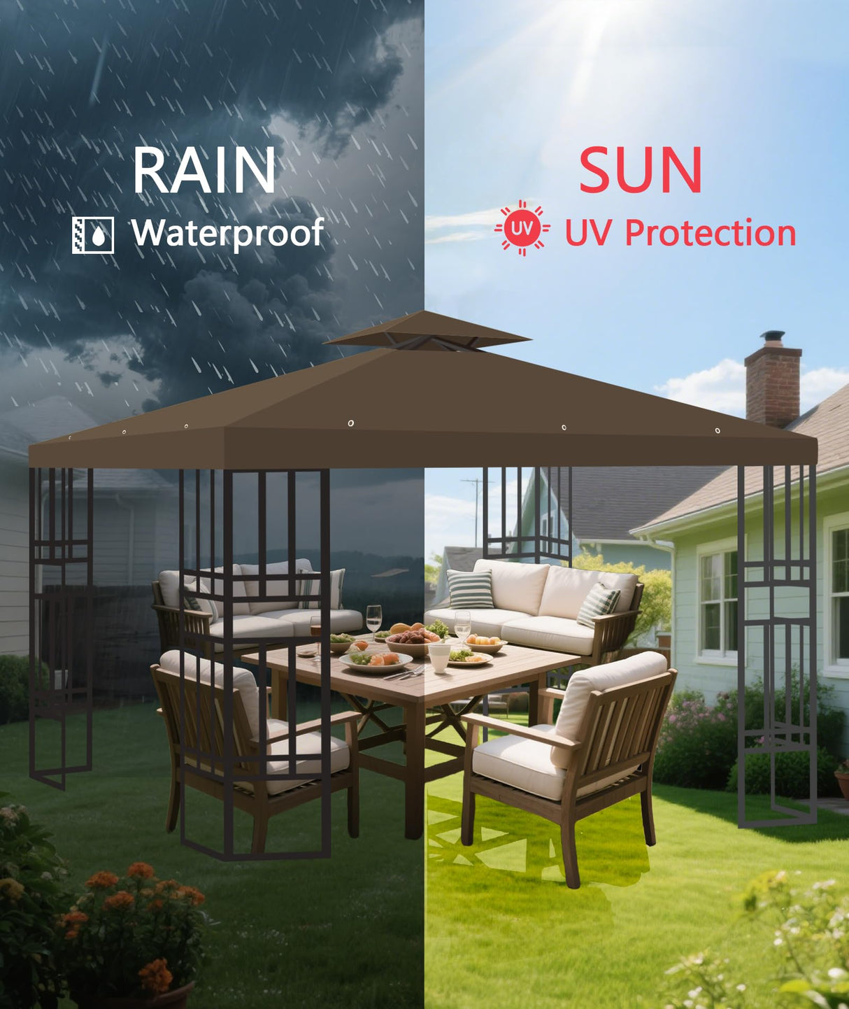 10x10 Replacement Gazebo Canopy Top, 10x10 FT Gazebo Top Double Tiered Canopy Covers with Air Vent for BBQ Yard Patio Garden Hcaiip