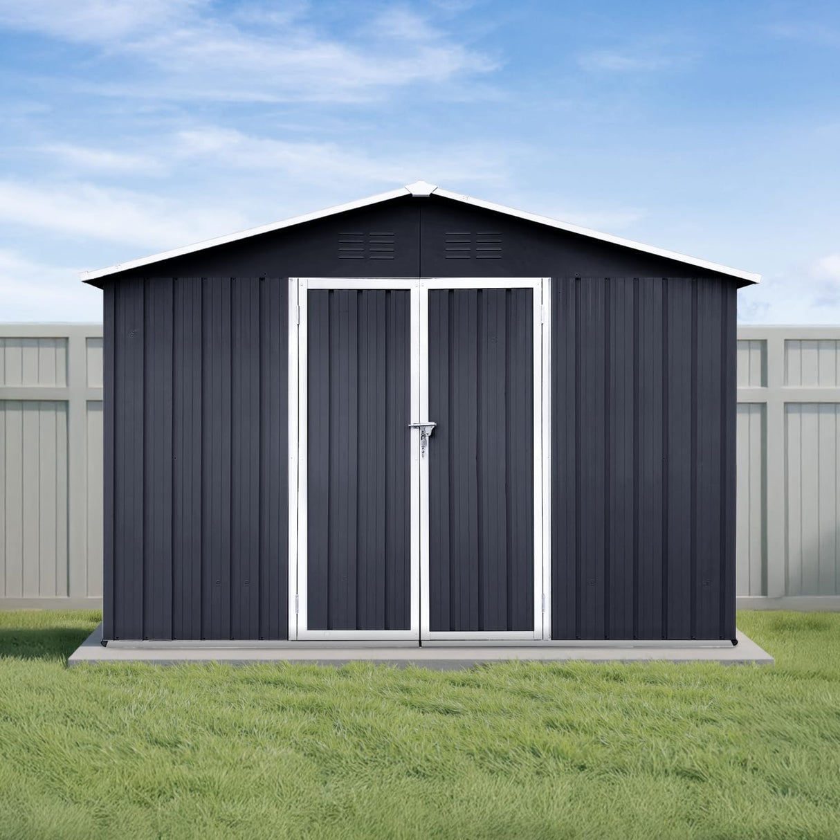 10x12 Ft Storage Shed Outdoor, XL Permanent Steel Building with Lockable Doors & 4 Air Vents for Backyard Garden Patio Lawn - Black LINKHOO