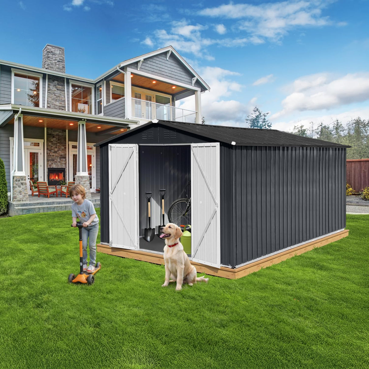 10x12 Ft Storage Shed Outdoor, XL Permanent Steel Building with Lockable Doors & 4 Air Vents for Backyard Garden Patio Lawn - Black LINKHOO