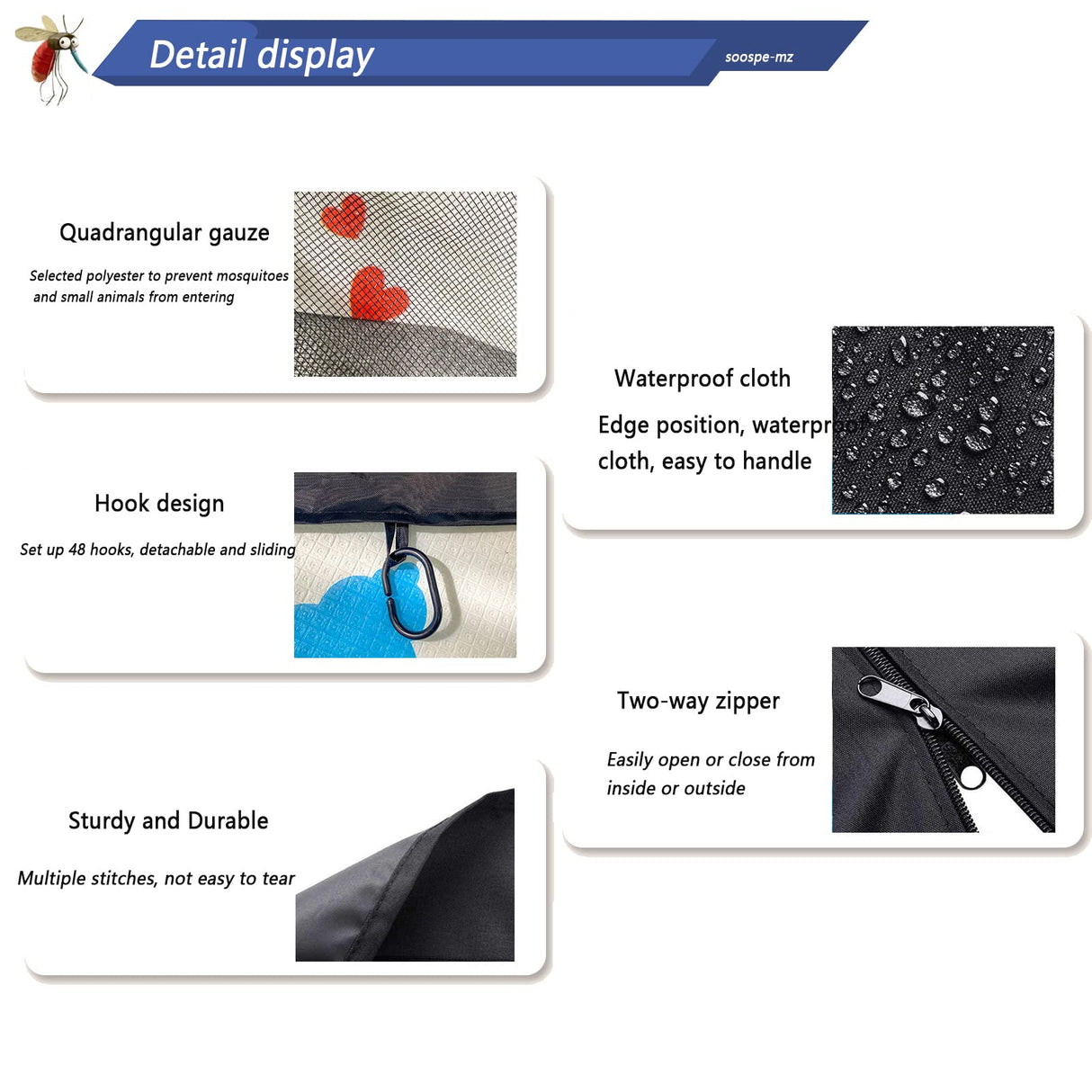 10x12 Gazebo Replacement Mosquito Netting, 4-Panel Sidewall Screen with Zipper Universal Black (10'x12') SOOSPE-MZ