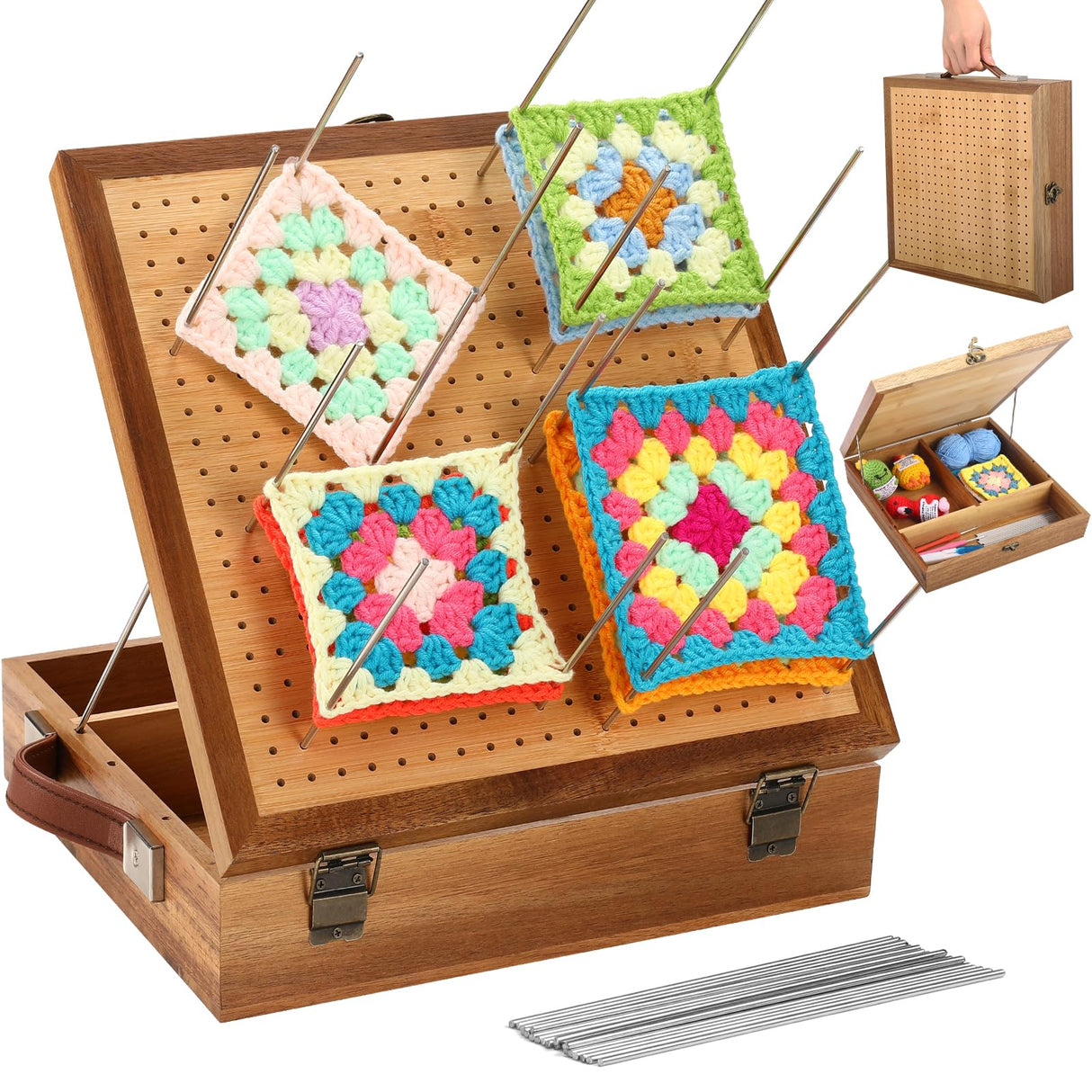 11.6" Crochet Blocking Board with Storage Drawer & Pegs, Acacia & Bamboo Blocking Boards for Crochet Projects, Granny Square Blocking Board, Crocheting Accessories Gifts for Grandmothers, Crocheters NewEle