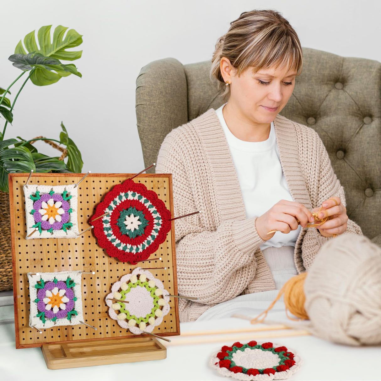11.8" Crochet Blocking Board with 16 Pins/Pegs, Blocking Boards for Crochet Projects, Granny Square Blocking Board for Crochet Projects, Wooden Crocheting Accessories Gifts for Crocheters HHSarioneiro